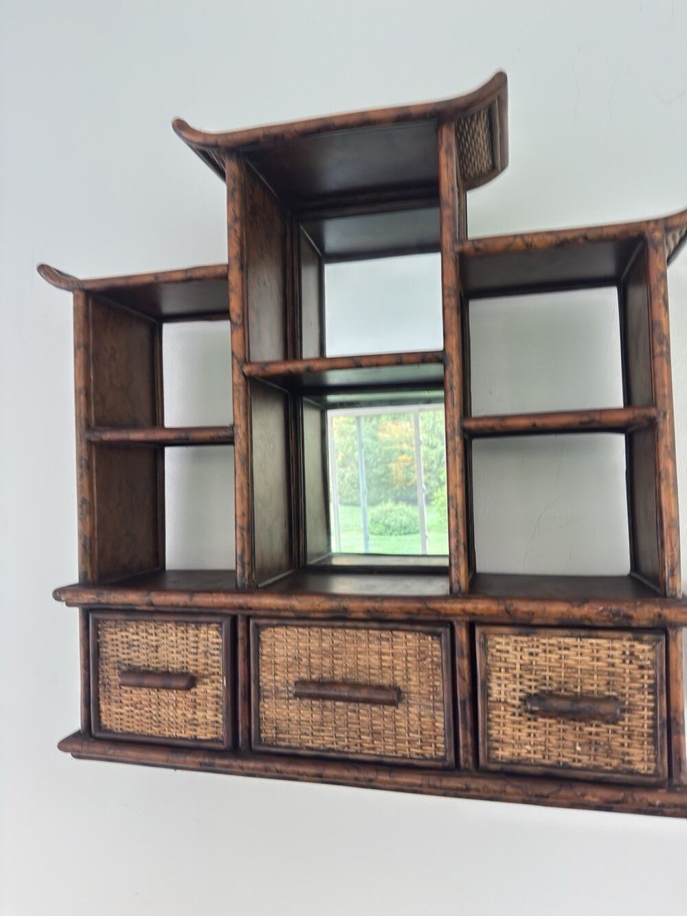 Pier 1 Imports Pagoda Wall Shelf Cabinet Tortoise Bamboo Rattan w/ Mirror 29x28”